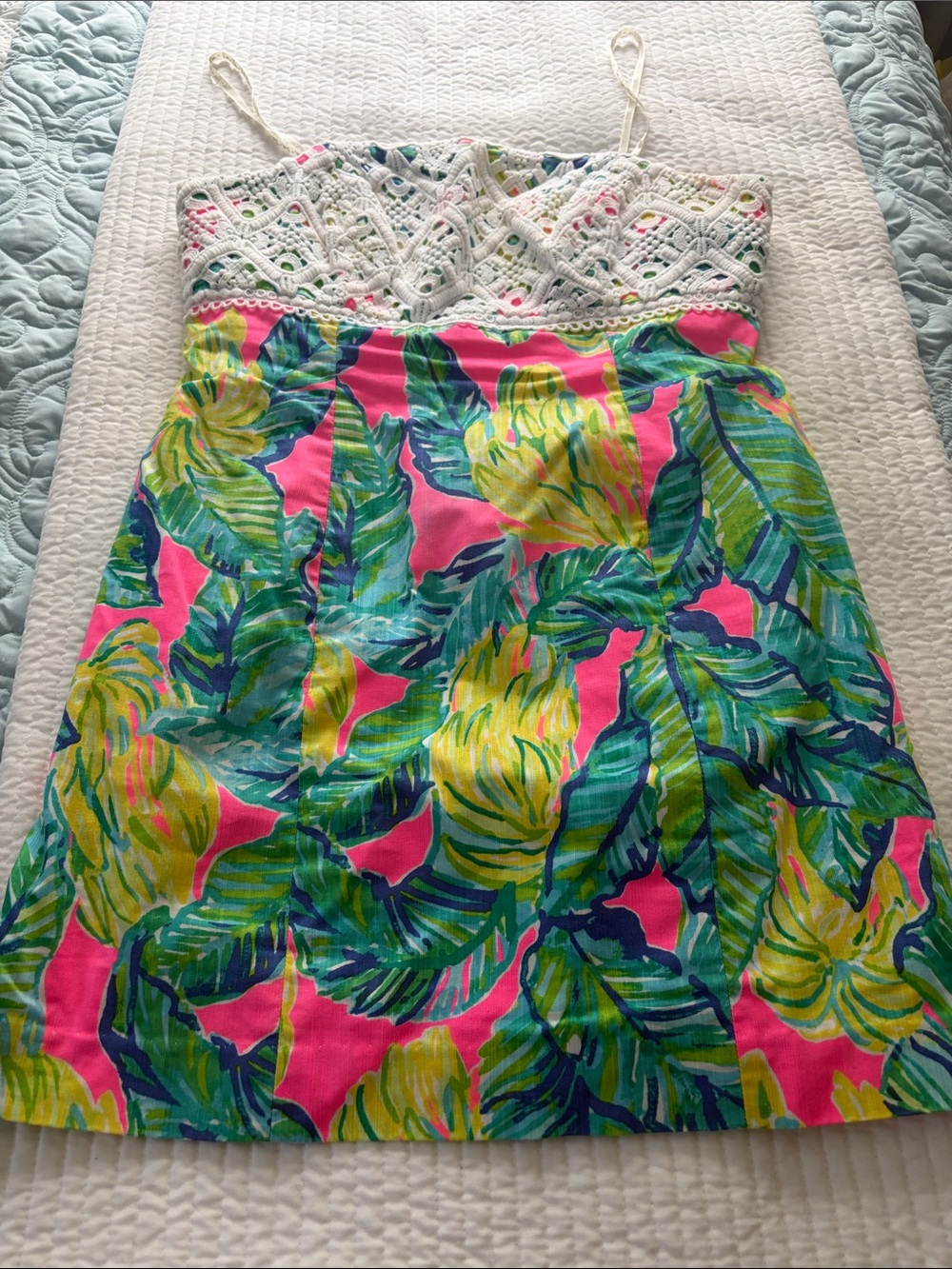 Lilly Pulitzer Pink Tropical Leaf Crochet-Top Mini Dress
